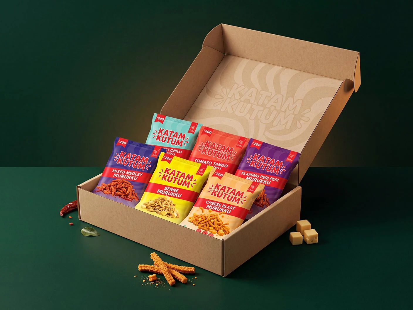 Kraft gift box packed with colourful pouches of flavoured murukku