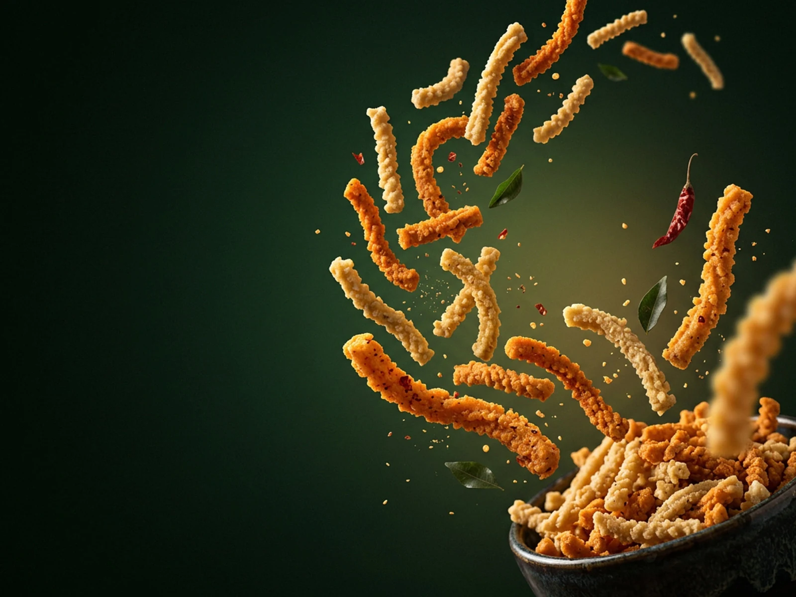 Crispy murukku sticks, spice dust and curry leaves bursting out of a bowl