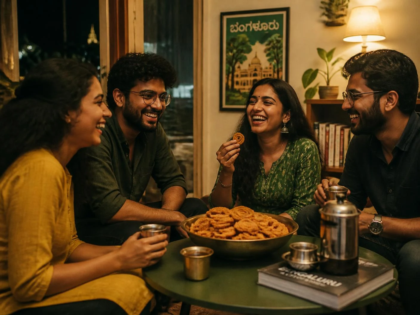 Friends sharing a bowl of murukku with filter coffee in Bengaluru