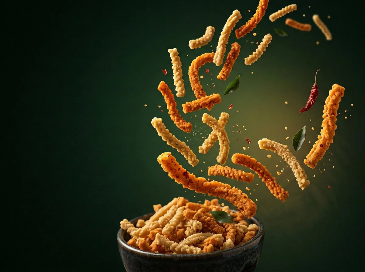 Crispy murukku sticks bursting out of a bowl